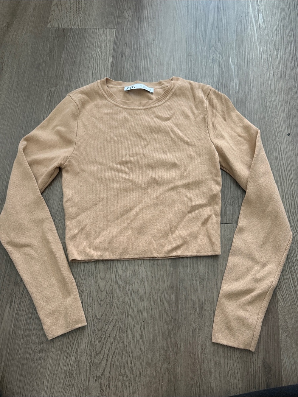 Zara Tan Cropped Long-Sleeve Knit Top
